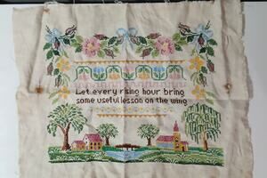 Vintage Cross Stitch Sampler 1970 Land Scape Scene Handmade Church School